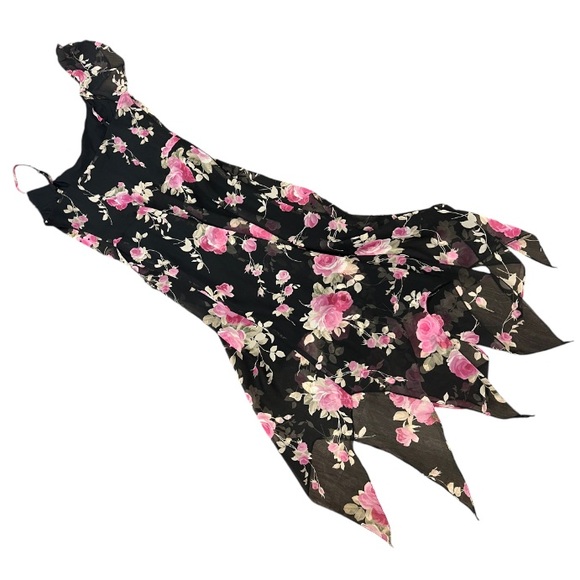 Vintage fairy core asymmetrical strap and hem black with pink floral midi dress - Picture 2 of 10